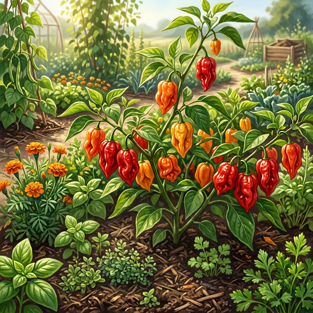 Schild mit Text „MANUFAKTUR-PUR ULTRA-SCHARFE CHILIS: CAPSICUM CHINENSE UNSER PERMAKULTURPROJEKT“ vor roten und orangefarbenen Chilipflanzen im Garten