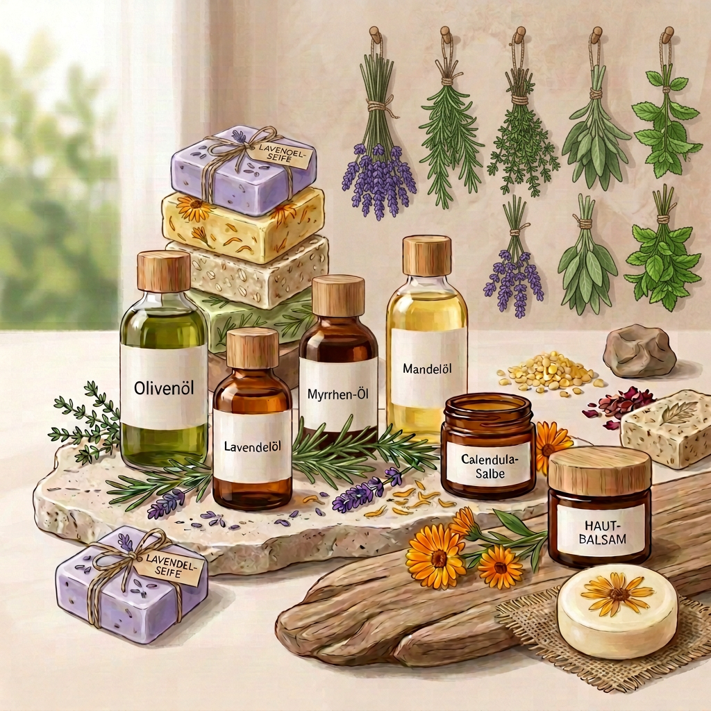 Bottles and jars labeled ROHÖL-KOLLEKTION, Lavendelöl, Rosmarin-Essenz, Mandelöl, Calendula-Salbe, and HAUT-BALSAM