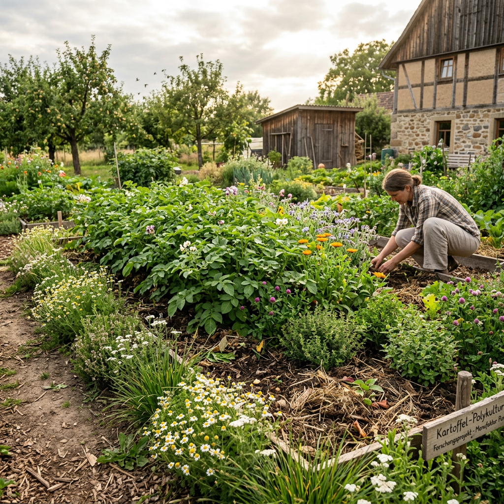 Person tending a garden beside a sign reading “Kartoffel-Polykultur”
